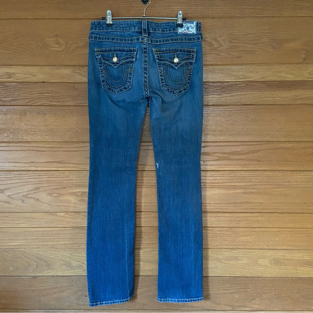True Religion Y2K gold bling contrast stitch low rise straight leg jeans